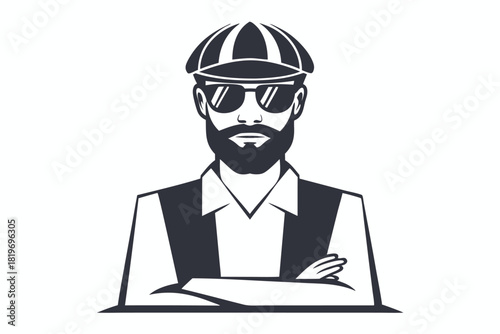 Monochrome shows a bearded man wearing a cap and sunglasses with arms crossed