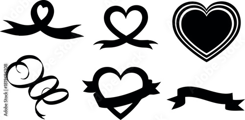 Heart shapes with ribbons and decorative elements vector illustration for design and crafts