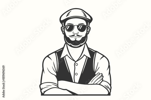 Monochrome man with mustache and beard poses confidently wearing cap and sunglasses