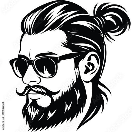 Stylish bearded man with glasses wears a top knot hairstyle in black and white