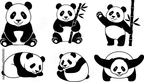 Cute panda bear vector set with bamboo illustrations in black and white style for wildlife design and animal art