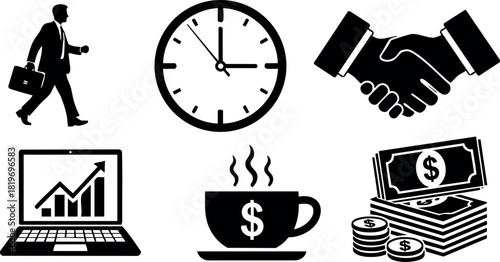 Businessman walking briefcase clock handshake laptop coffee money icons vector illustration
