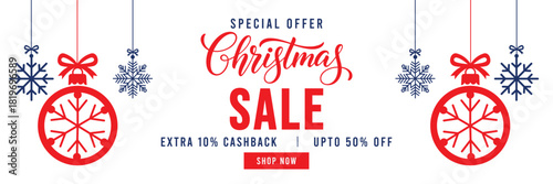 Special Offer Christmas Sale banner with elegant red script lettering, festive hanging ornaments, and snowflakes. Features 'Extra 10% Cashback' and 'Upto 50% Off' text with a red 'Shop Now' button, id