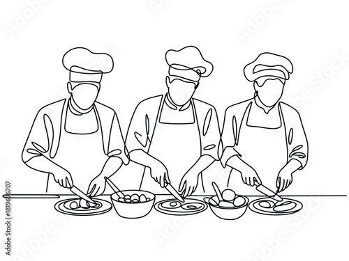 Continuous line drawing of three chefs preparing food together