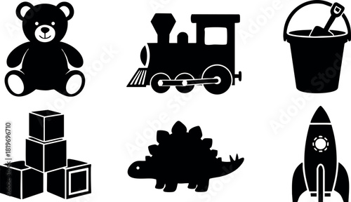Black silhouette children toys including teddy bear train bucket blocks dinosaur rocket vector illustration