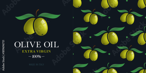 Cheerful olive oil label showcases fresh green olives with leaves, surrounded by a bold, repeating pattern. A playful design that reflects quality and freshness in a unique way
