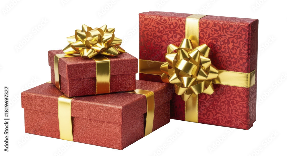Fototapeta premium Three red and gold Christmas gift boxes with bows on a transparent background PNG image PNG file