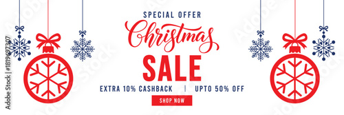 Special Offer Christmas Sale banner with elegant red script lettering, festive hanging ornaments, and snowflakes. Features 'Extra 10% Cashback' and 'Upto 50% Off' text with a red 'Shop Now' button, id