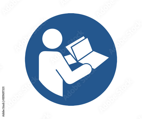 ISO 7010 M002 Refer to instruction manual booklet sign. Obligation sign pictogram.

