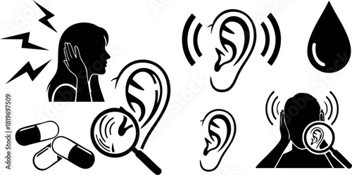 Ear pain tinnitus hearing problems vector icons illustration medical symptoms and treatment signs