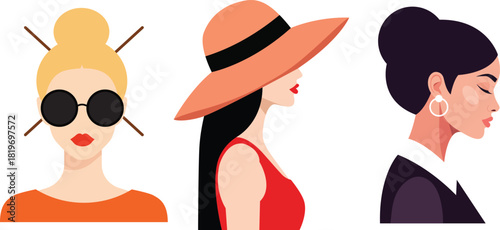 Stylish women portrait vector set featuring modern fashion accessories, hats, sunglasses, elegant hairstyles and minimal flat illustration