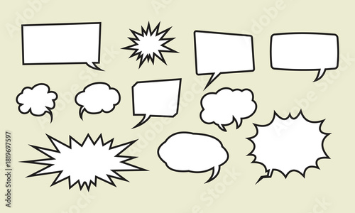 Hand-drawn speech bubble vector set with comic style outline balloons, cloud shapes and blank text frames