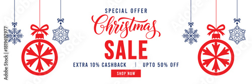 Special Offer Christmas Sale banner with elegant red script lettering, festive hanging ornaments, and snowflakes. Features 'Extra 10% Cashback' and 'Upto 50% Off' text with a red 'Shop Now' button, id