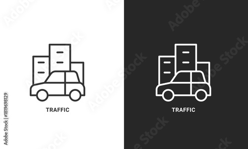 City Traffic Icon with Car and Skyline for Urban Transportation, Commuting, and Automotive Concepts