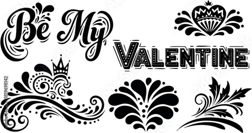 Valentine love romantic decorative elements ornamental floral design vector illustration black and white