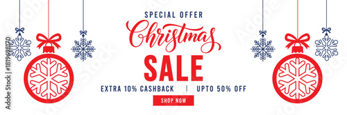 Special Offer Christmas Sale banner with elegant red script lettering, festive hanging ornaments, and snowflakes. Features 'Extra 10% Cashback' and 'Upto 50% Off' text with a red 'Shop Now' button, id