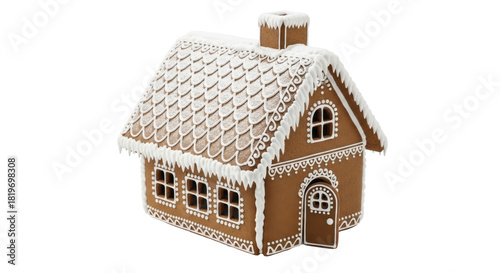 Classic gingerbread house decorated with white icing resembling snow, festive sweet dessert on a transparent background, PNG image, PNG file
