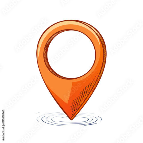 Vivid hand drawn orange map pin icon with ripples, symbolizing navigation and destination.
