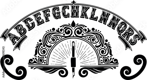 Vintage ornamental decorative alphabet letters with pen nib vector illustration black and white elegant design