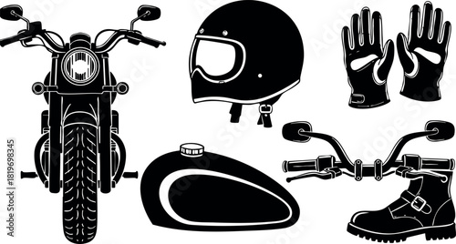 Motorcycle helmet gloves boot gas tank handlebar front view vector illustration black and white
