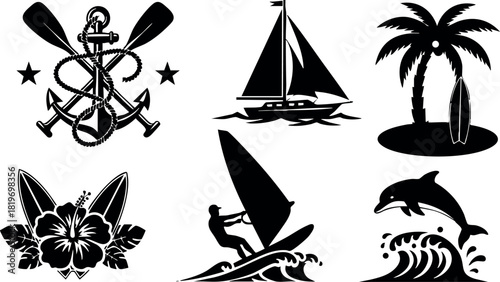 Nautical marine icons with sailboat windsurfing dolphin palm tree anchor and hibiscus flower vector illustration