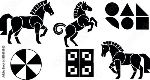 Black and white chess knight horse pieces with geometric shapes and patterns vector illustration