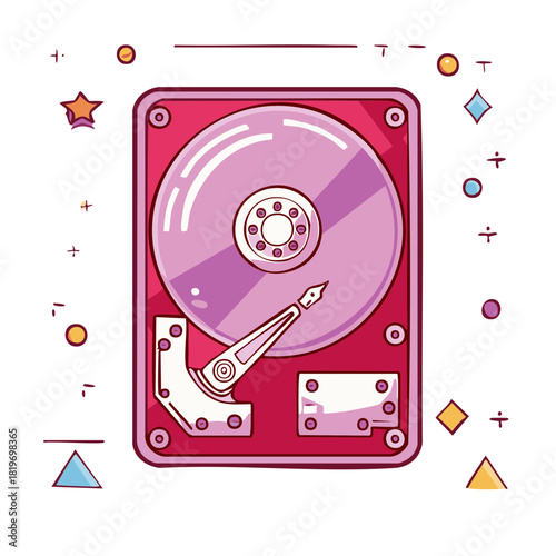 Modern digital data hard drive with a creative fountain pen nib arm and vibrant shapes