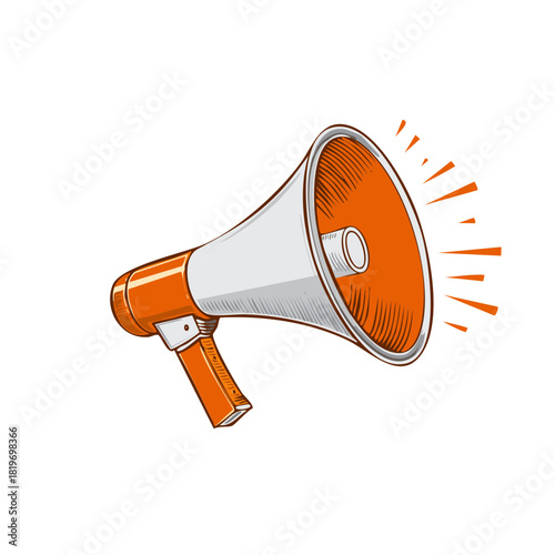 Orange and white hand held megaphone with radiating sound waves illustration