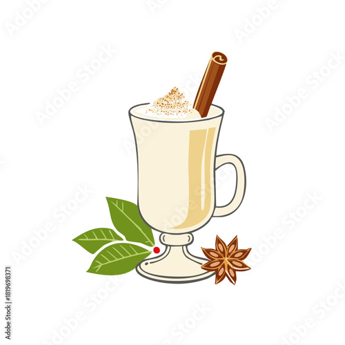Festive Eggnog Drink Illustration with Cinnamon Stick Holly Leaves and Star Anise