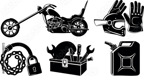 Motorcycle chopper gloves toolbox chain lock gasoline can vector illustration