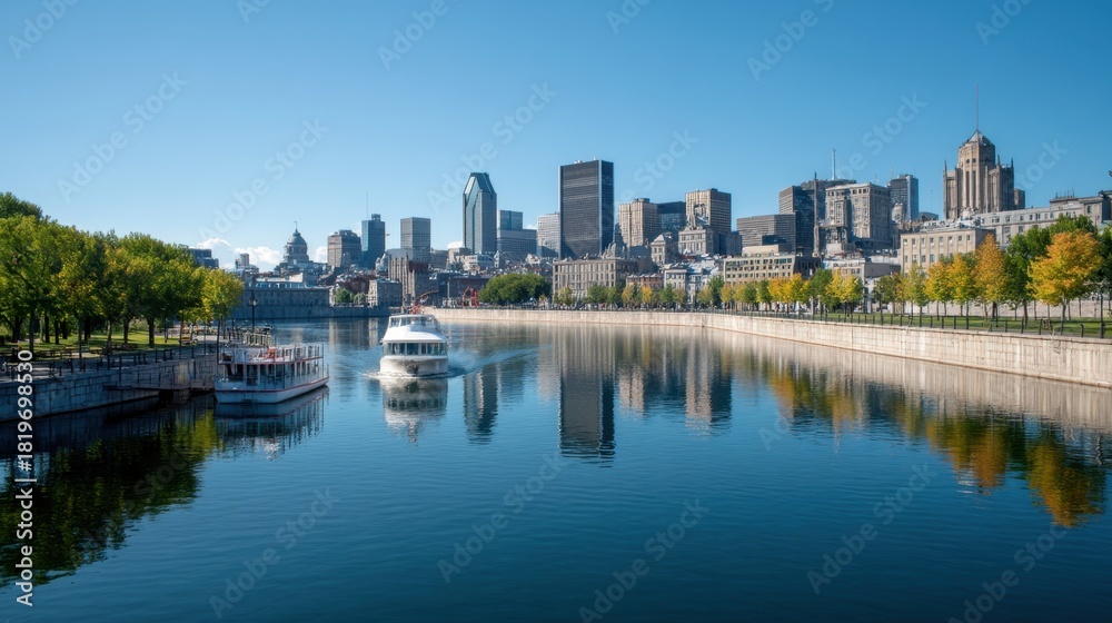 Fototapeta premium Cityscape with a river and a boat. Urban skyline reflected in water. Travel, tourism, and transportation concept.