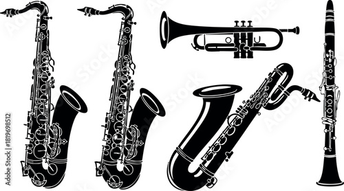 Black and white saxophone trumpet clarinet vector illustration musical instruments set