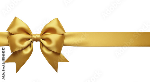 Golden satin ribbon bow and horizontal stripe on a transparent background PNG image. This elegant shiny gold gift wrap detail is a PNG file perfect for festive holiday designs and luxury celebrations.