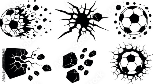 Soccer ball impact crash explosion vector illustration with shattered ground fragments and debris in black and white