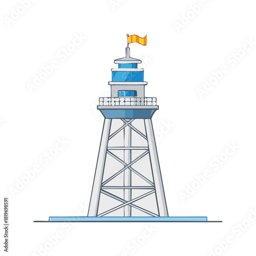 Modern lookout tower structure with flag and windows on clear day