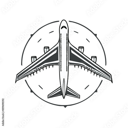 Stylized overhead view of large passenger jet inside a circular travel emblem