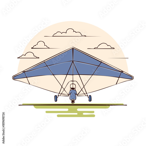 Illustrated microlight trike with pilot on ground ready for takeoff against cloudy sky