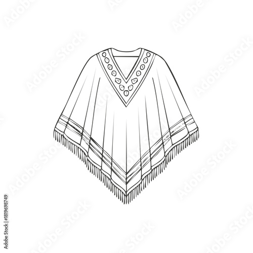 Line art illustration of a traditional poncho with decorative neckline and fringe