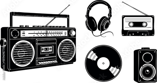 Vintage audio equipment collection with cassette player headphones vinyl record and speaker vector illustration