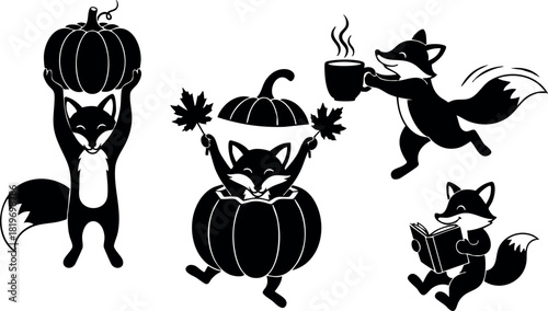 Cute foxes with pumpkin autumn characters holding coffee and reading book vector illustration