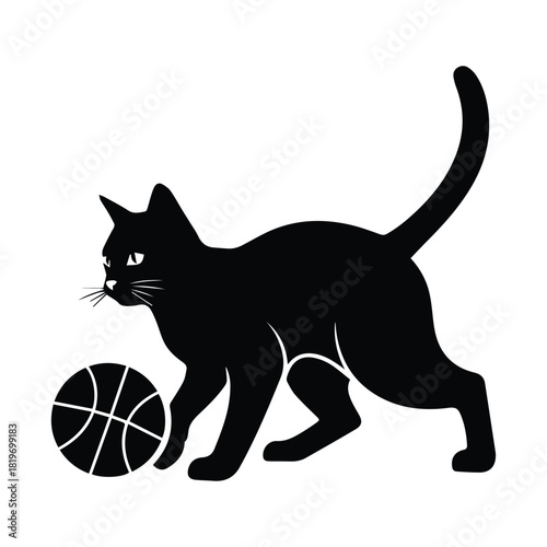 Black cat silhouette playing with a basketball on a white background design Vector, illustration