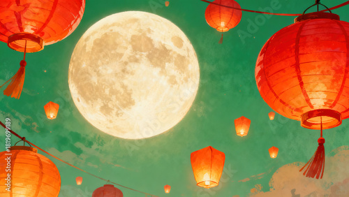 Ancient-Style Illustration Scene with Full Moon and Red Lanterns
