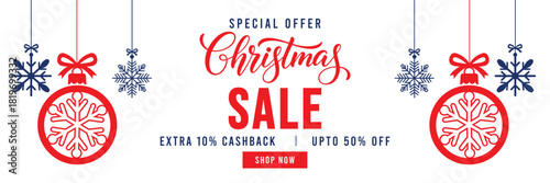 Special Offer Christmas Sale banner with elegant red script lettering, festive hanging ornaments, and snowflakes. Features 'Extra 10% Cashback' and 'Upto 50% Off' text with a red 'Shop Now' button, id
