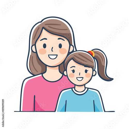 Happy mother and daughter posing together smiling with loving affection in a heartwarming illustration