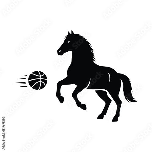 Horse rearing silhouette with basketball, dynamic sports animal concept logo Vector, illustration