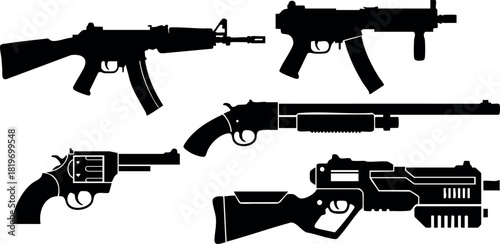 Collection of black silhouette guns vector illustration with rifles pistols and revolvers
