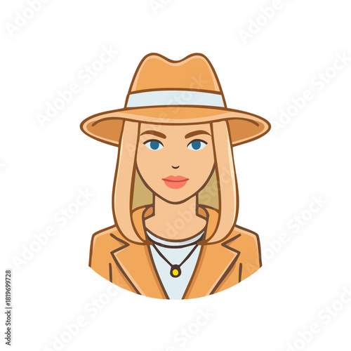 Woman with blond hair wearing hat and jacket, vector illustration