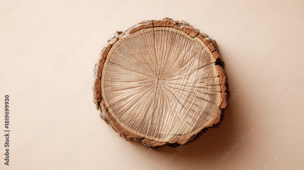 Naklejka premium Wood log circle top view with growth rings. Concept of age, nature, deforestation, or tree life cycle. Empty copy space for text.