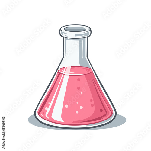 Cartoon-style illustration of a pink liquid inside a laboratory flask.
