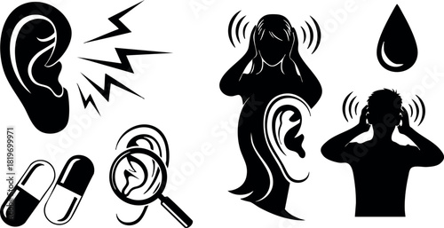 Ear pain headache tinnitus medicine treatment vector illustration health care